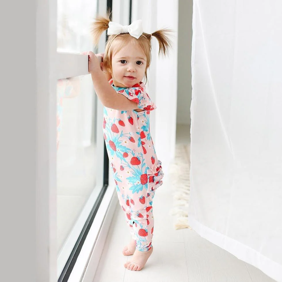 Girl's Bamboo Ruffled Cap Sleeve Romper - Strawberry - Image 3