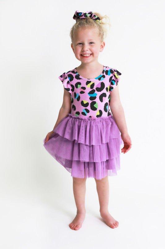 Girl's Bamboo Ruffled Cap Sleeve Tulle Dress - Electric Leopard - Image 2