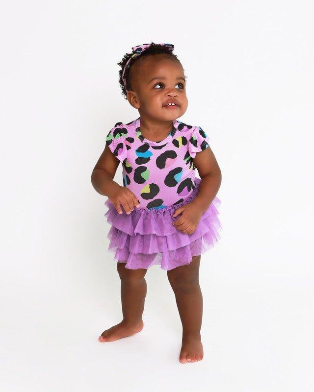 Girl's Bamboo Ruffled Cap Sleeve Tulle Skirt Bodysuit - Electric Leopard - Image 2