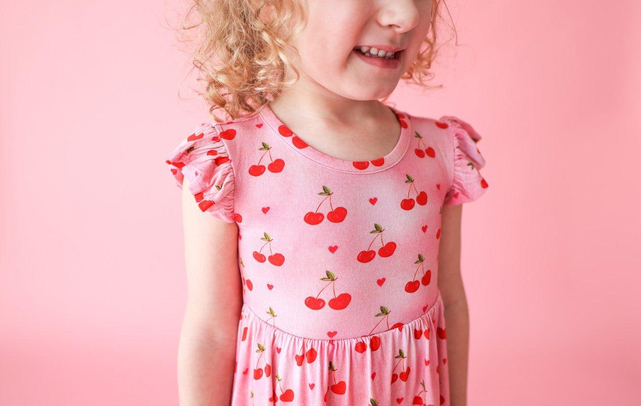 Girl's Bamboo Ruffled Cap Sleeve Twirl Dress - Very Cherry - Image 2