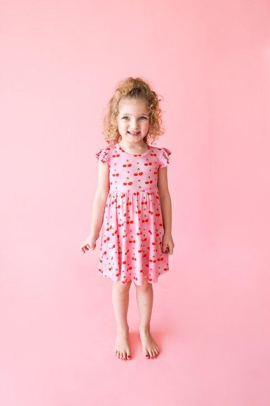 Girl's Bamboo Ruffled Cap Sleeve Twirl Dress - Very Cherry - Image 3