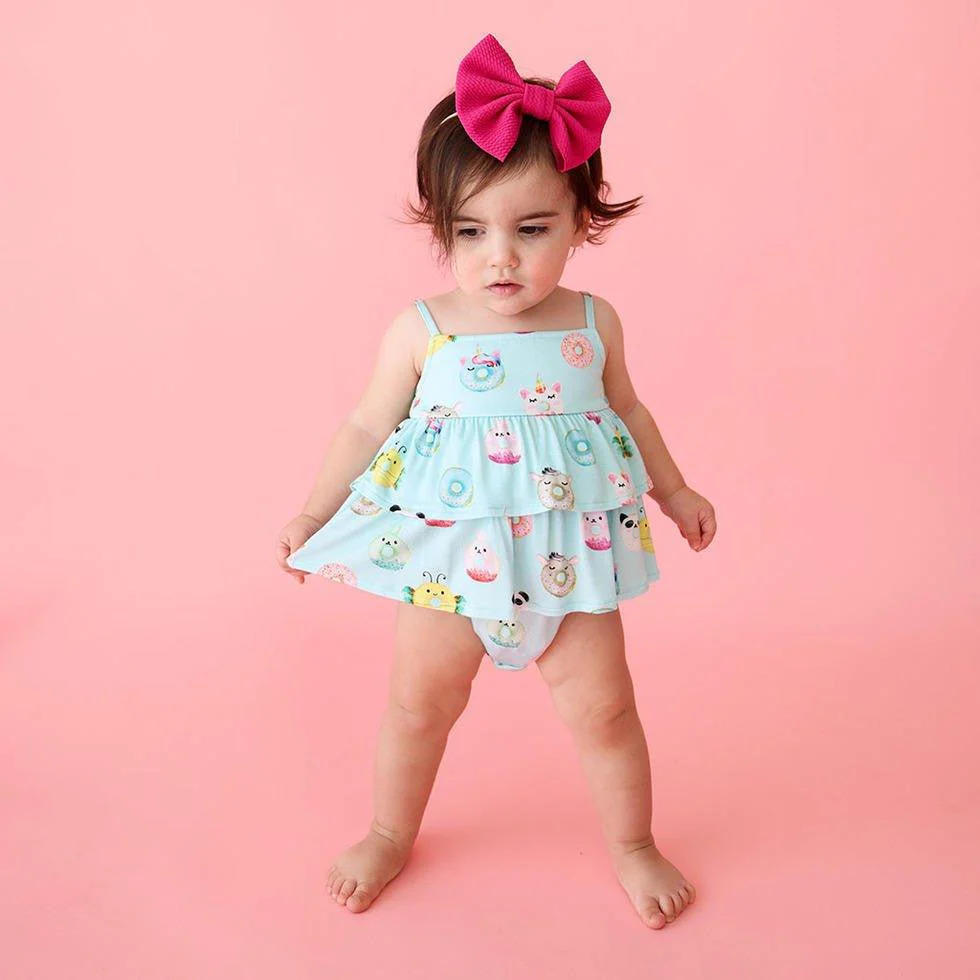 Girl's Bamboo Ruffled Spaghetti Romper - Donuts - Image 2