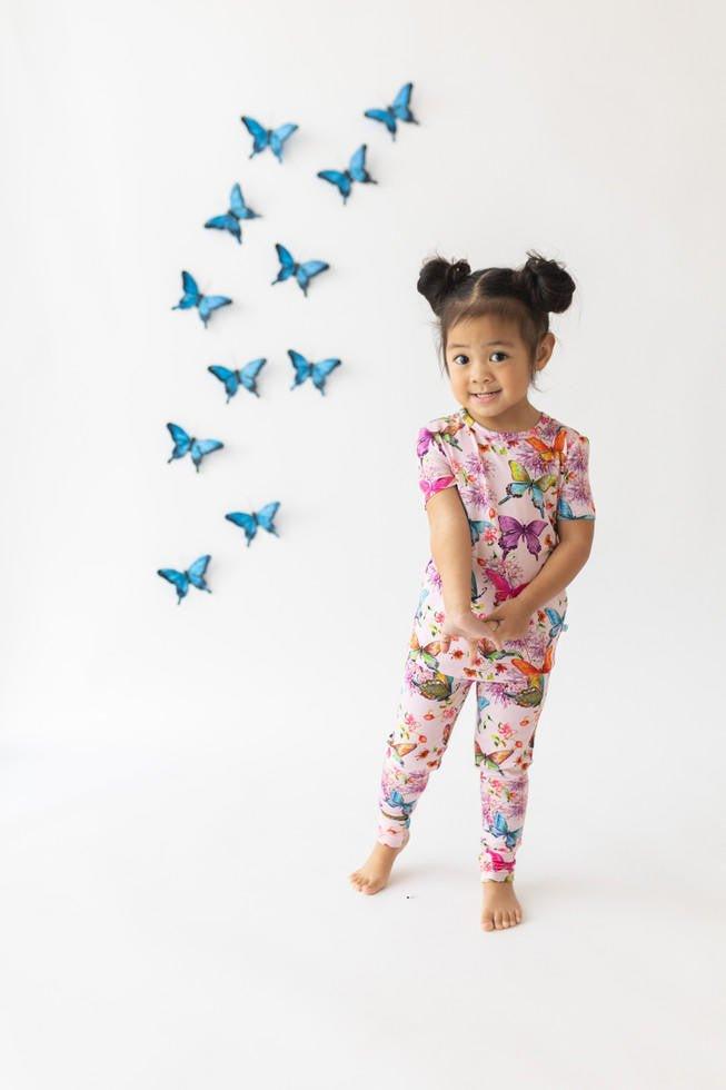 Girl's Bamboo Short Sleeve Pajama Set - Watercolor Butterfly - Image 2