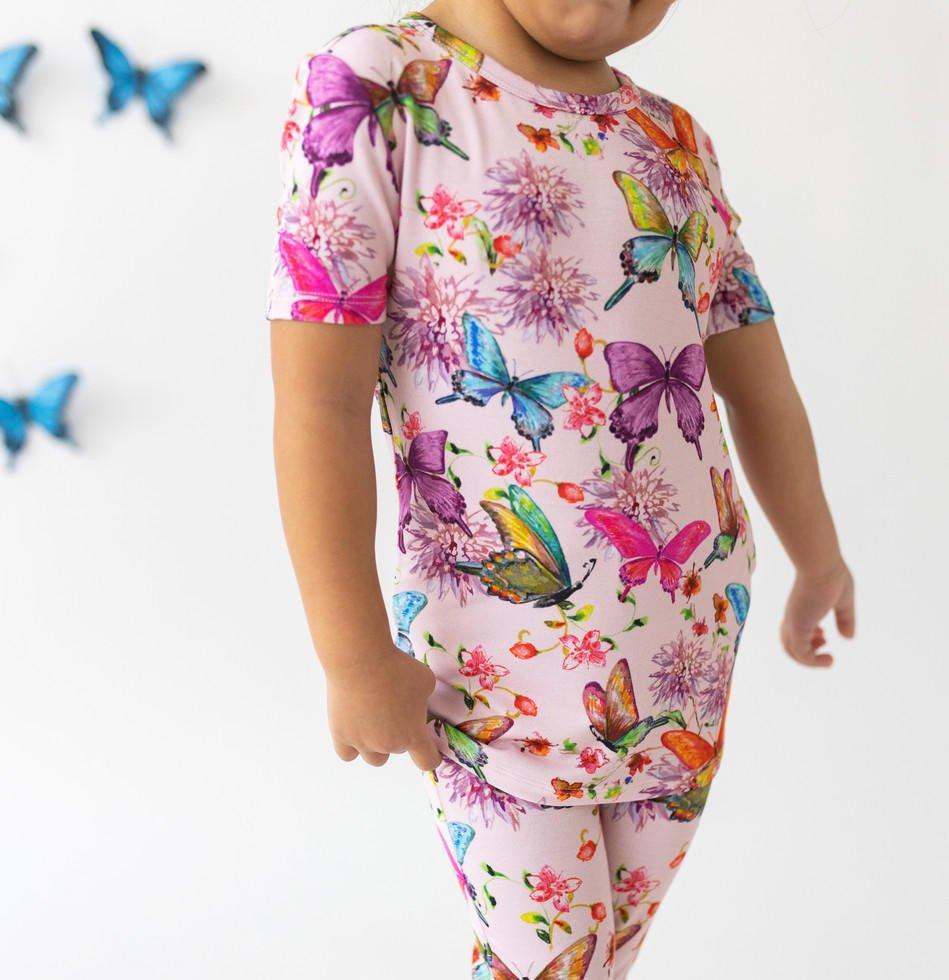 Girl's Bamboo Short Sleeve Pajama Set - Watercolor Butterfly - Image 5