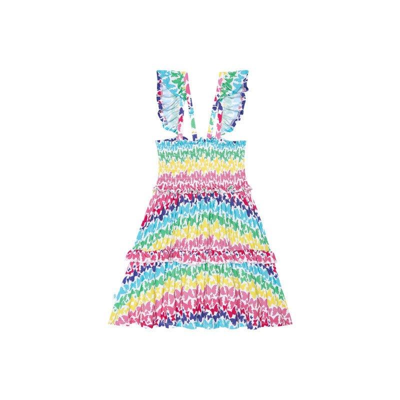 Girl's Bamboo Smocked Flutter Sleeve Babydoll Dress - Rainbow Butterfly - Image 2