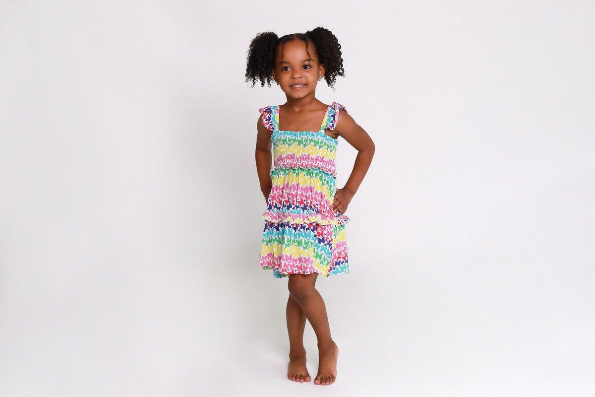 Girl's Bamboo Smocked Flutter Sleeve Babydoll Dress - Rainbow Butterfly - Image 3