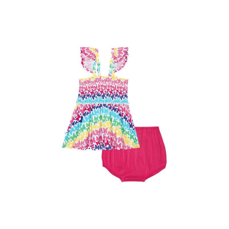 Girl's Bamboo Smocked Flutter Sleeve Babydoll Top & Bloomer Outfit Set - Rainbow Butterfly - Image 2