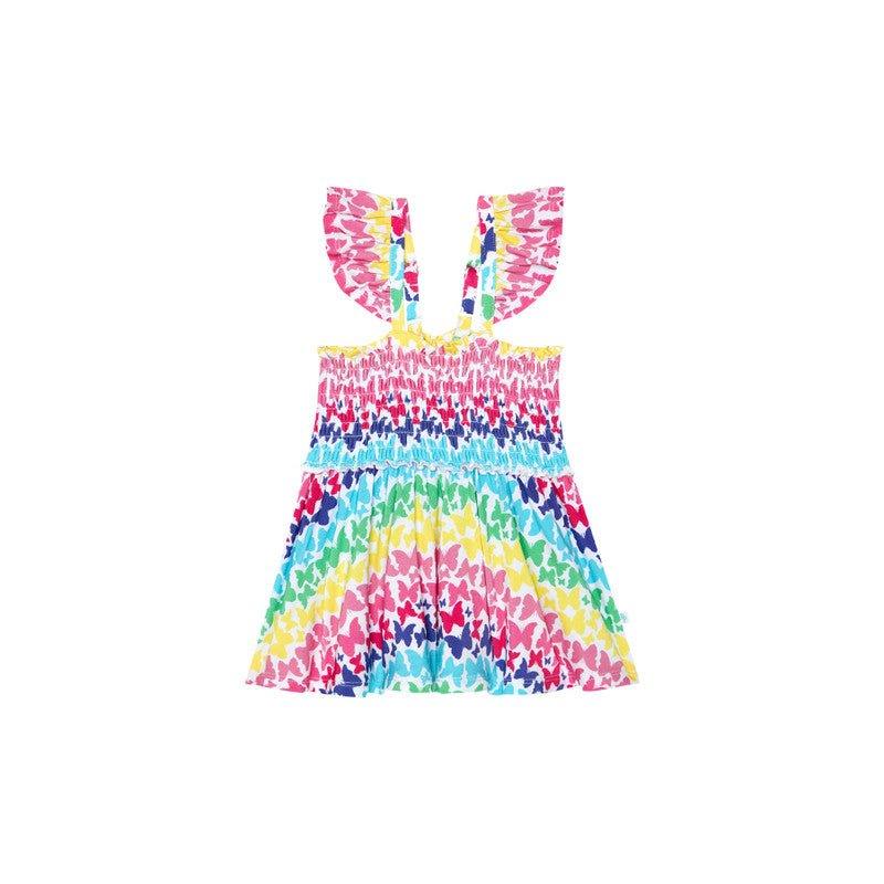 Girl's Bamboo Smocked Flutter Sleeve Babydoll Top & Bloomer Outfit Set - Rainbow Butterfly - Image 3