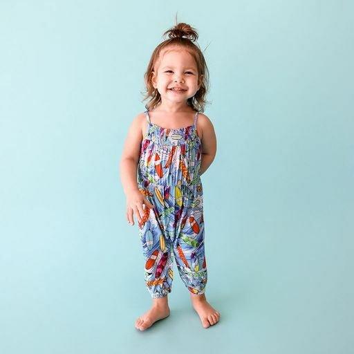 Girl's Bamboo Smocked Spaghetti Jumpsuit with Snaps - Wave (Surfboards) - Image 3