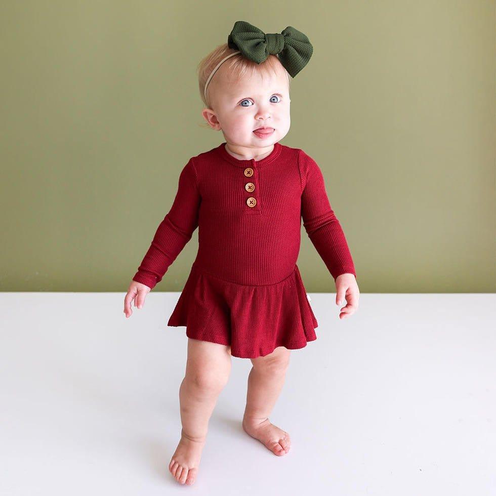 Girl's Solid Bamboo Long Sleeve Henley Twirl Skirt Bodysuit, Bordeaux Waffle - Image 2