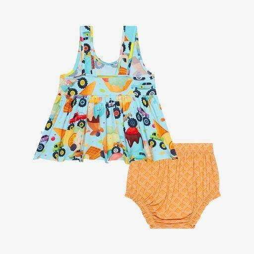 Girl's Bamboo V-Neck Tank Top Peplum & Bloomer Outfit Set - Monster Trucks - Image 2