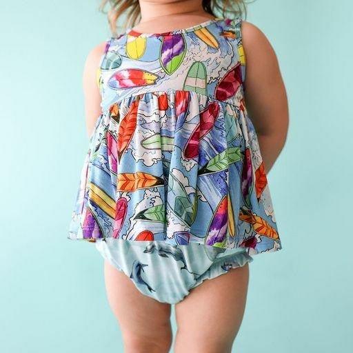 Girl's Bamboo V-Neck Tank Top Peplum & Bloomer Outfit Set - Wave (Surfboards) - Image 3