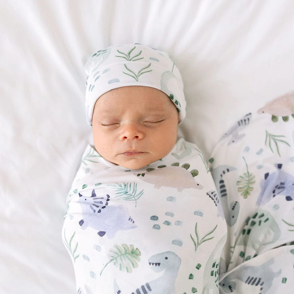 Bamboo Infant Swaddle and Beanie Set - Milo (Dinosaurs) - Image 2