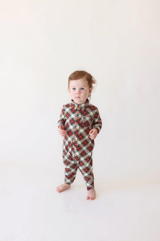 Bamboo Long Sleeve Collared Henley Long Romper - Marqui (Plaid) - Image 2