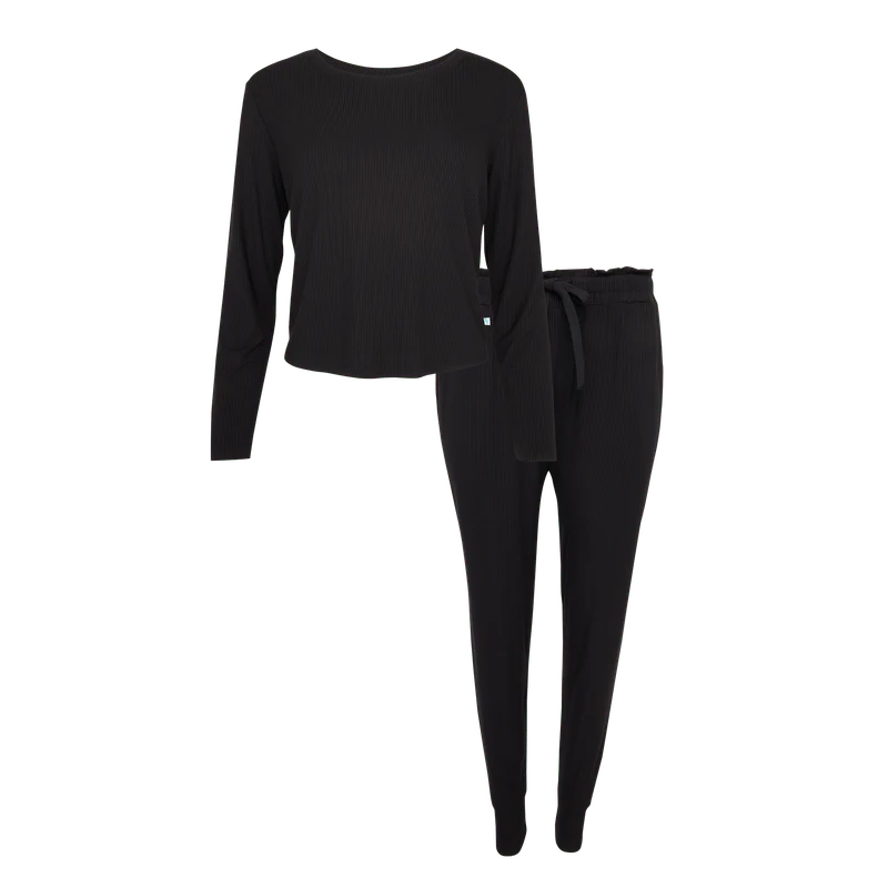 Bamboo Long Sleeve Scoop Neck Top & Jogger Pajama Set - Black Ribbed - Image 2