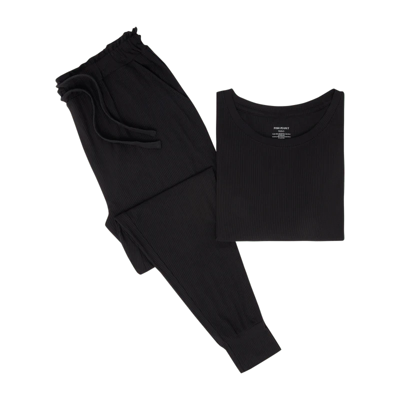 Bamboo Long Sleeve Scoop Neck Top & Jogger Pajama Set - Black Ribbed - Image 3