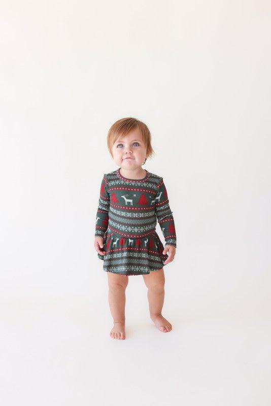 Bamboo Long Sleeve Twirl Skirt Bodysuit - Holiday Fair Isle (Deer) - Image 2