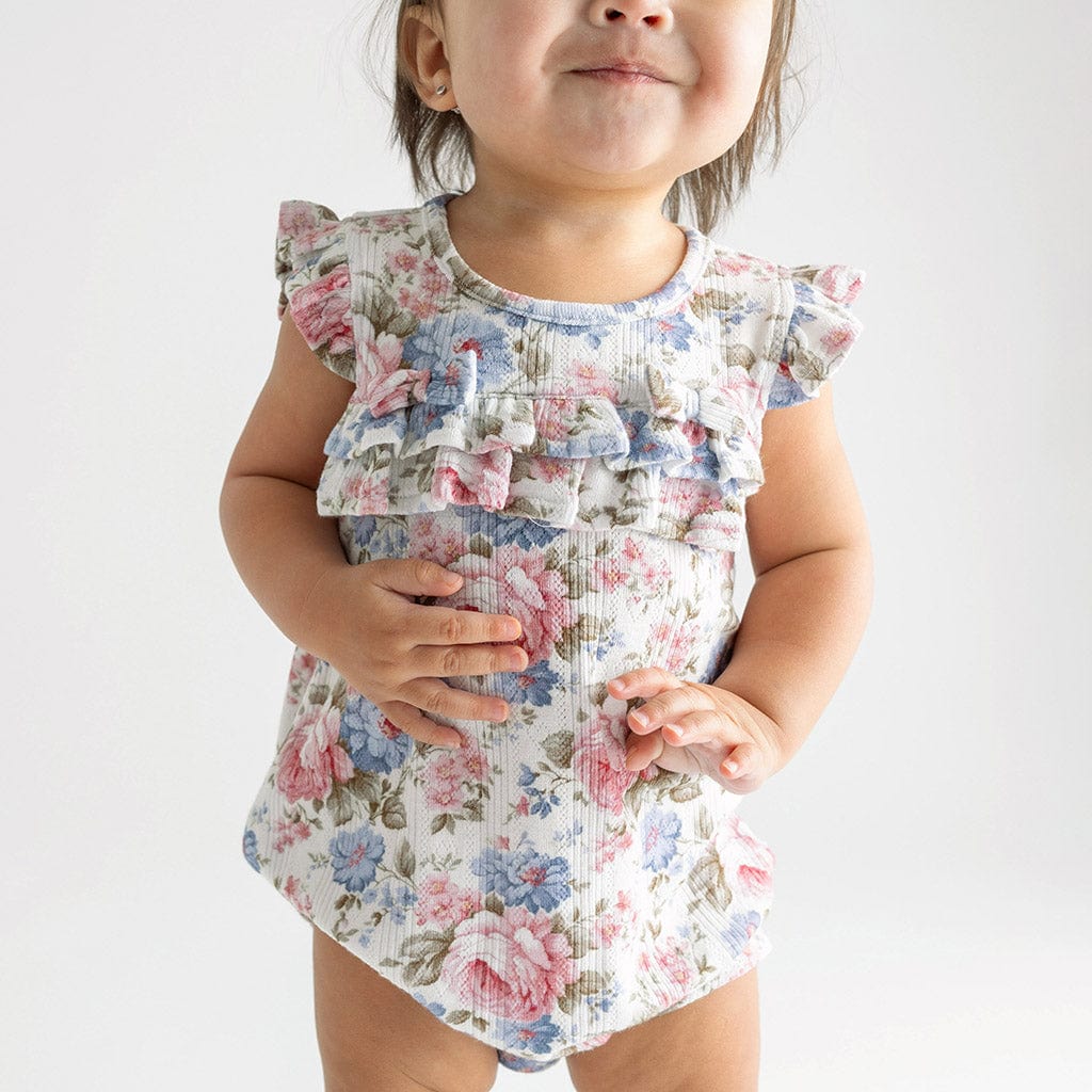 Bamboo Pointelle Cap Sleeve Ruffled Bubble Romper - Etta (Floral) - Image 2