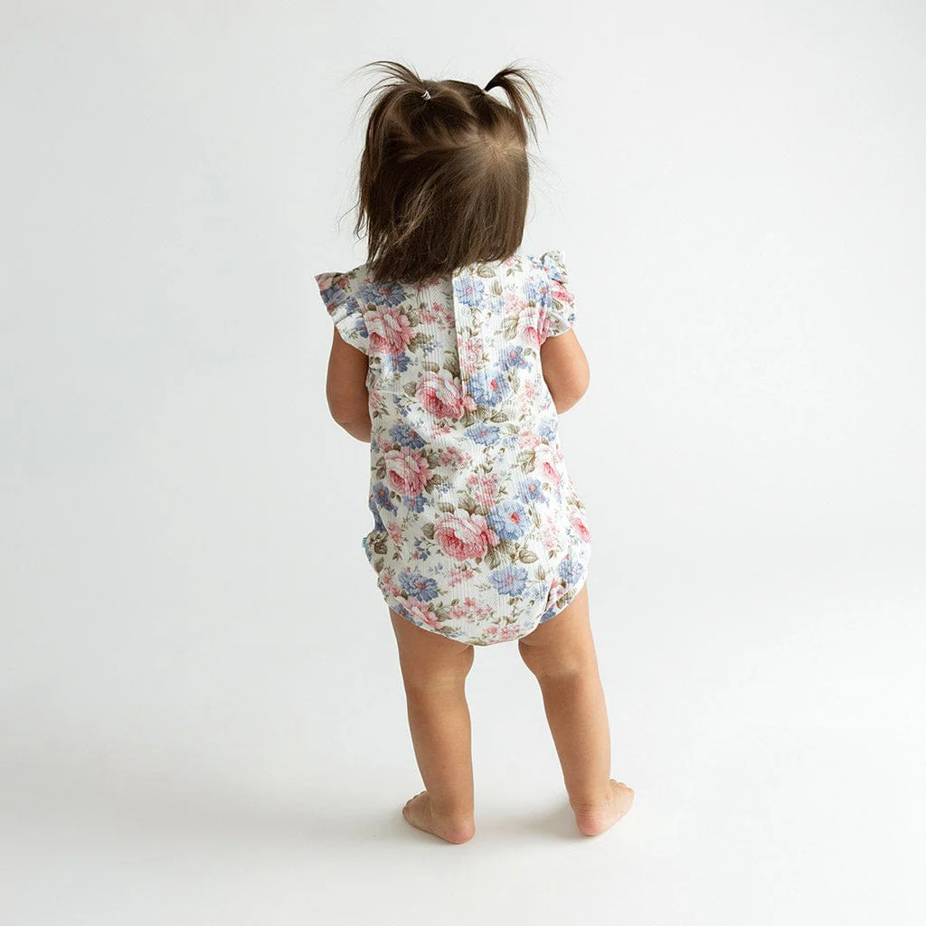 Bamboo Pointelle Cap Sleeve Ruffled Bubble Romper - Etta (Floral) - Image 3