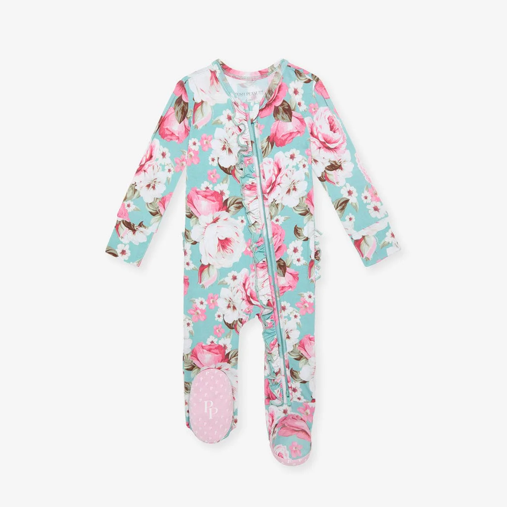 Bamboo Ruffle Footie with 2-Way Zipper - Briana (Floral) - Image 5