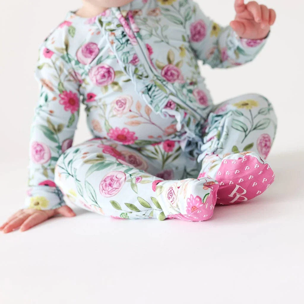 Bamboo Ruffle Footie with 2-Way Zipper - Tasha (Floral) - Image 3