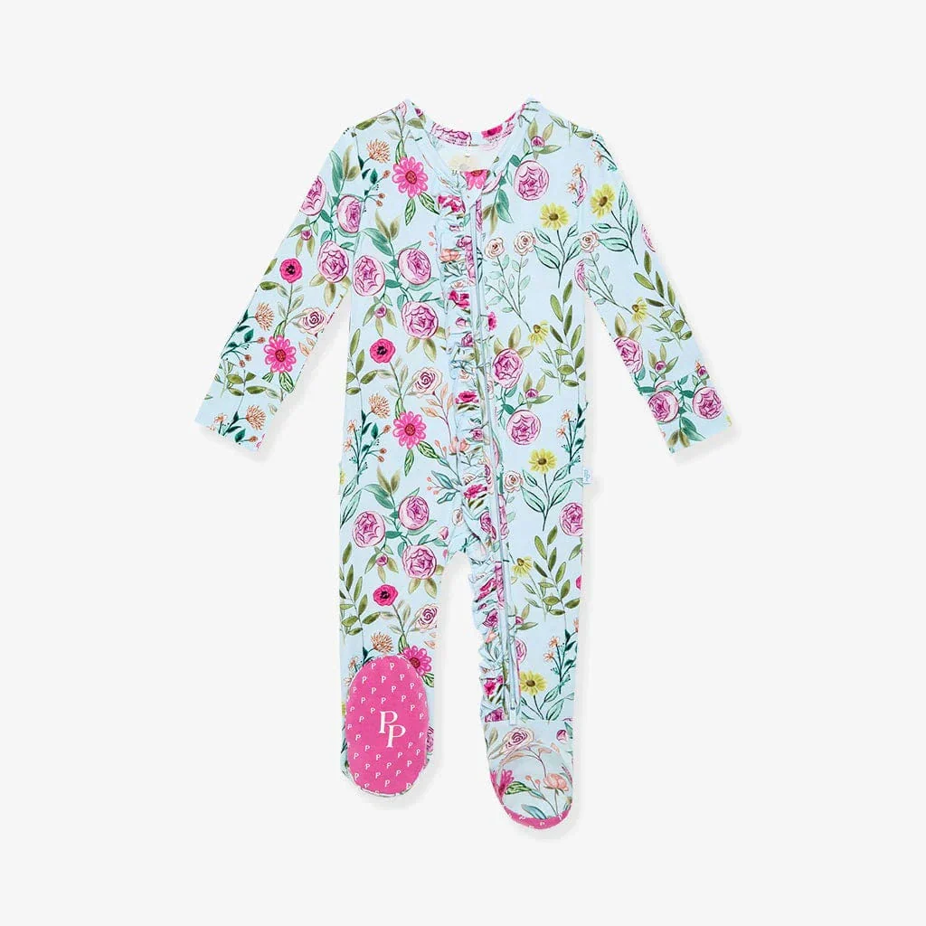 Bamboo Ruffle Footie with 2-Way Zipper - Tasha (Floral) - Image 4