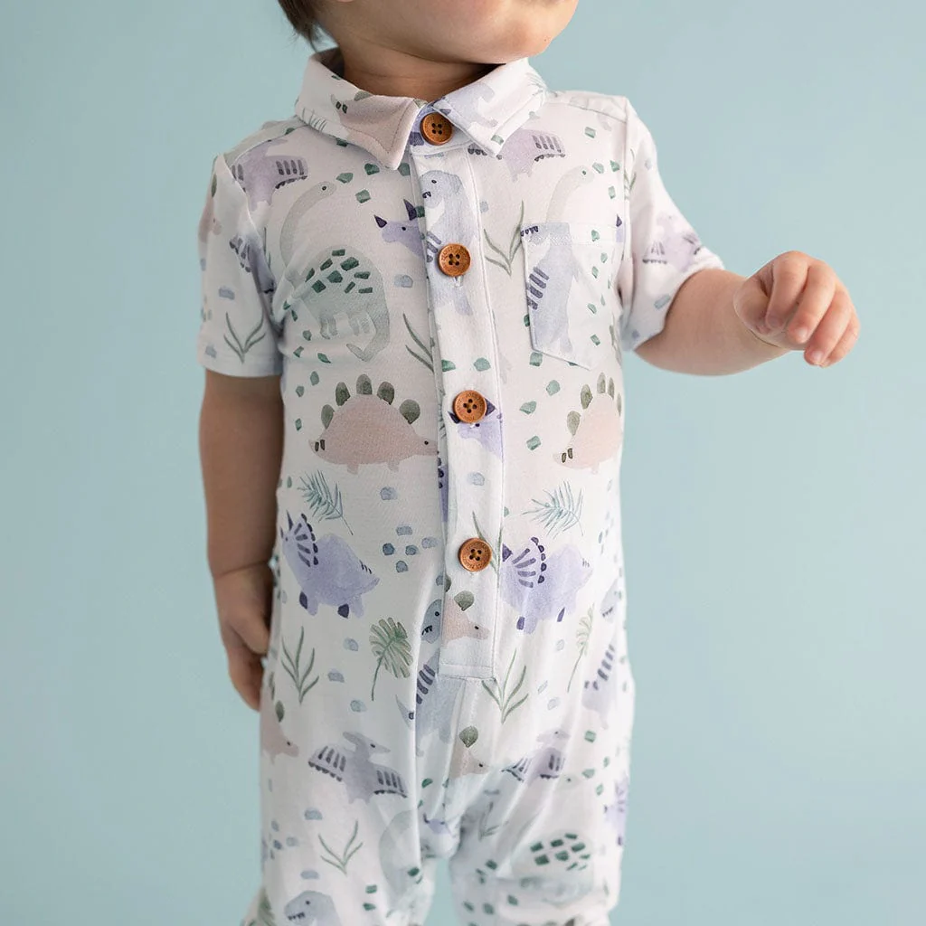 Bamboo Short Sleeve Collared Henley Long Romper - Milo (Dinosaurs) - Image 2