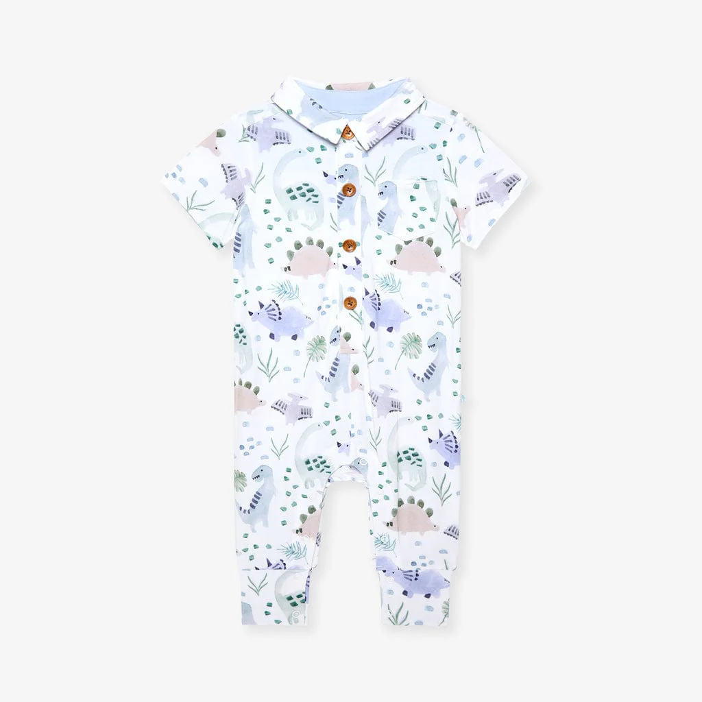 Bamboo Short Sleeve Collared Henley Long Romper - Milo (Dinosaurs) - Image 3