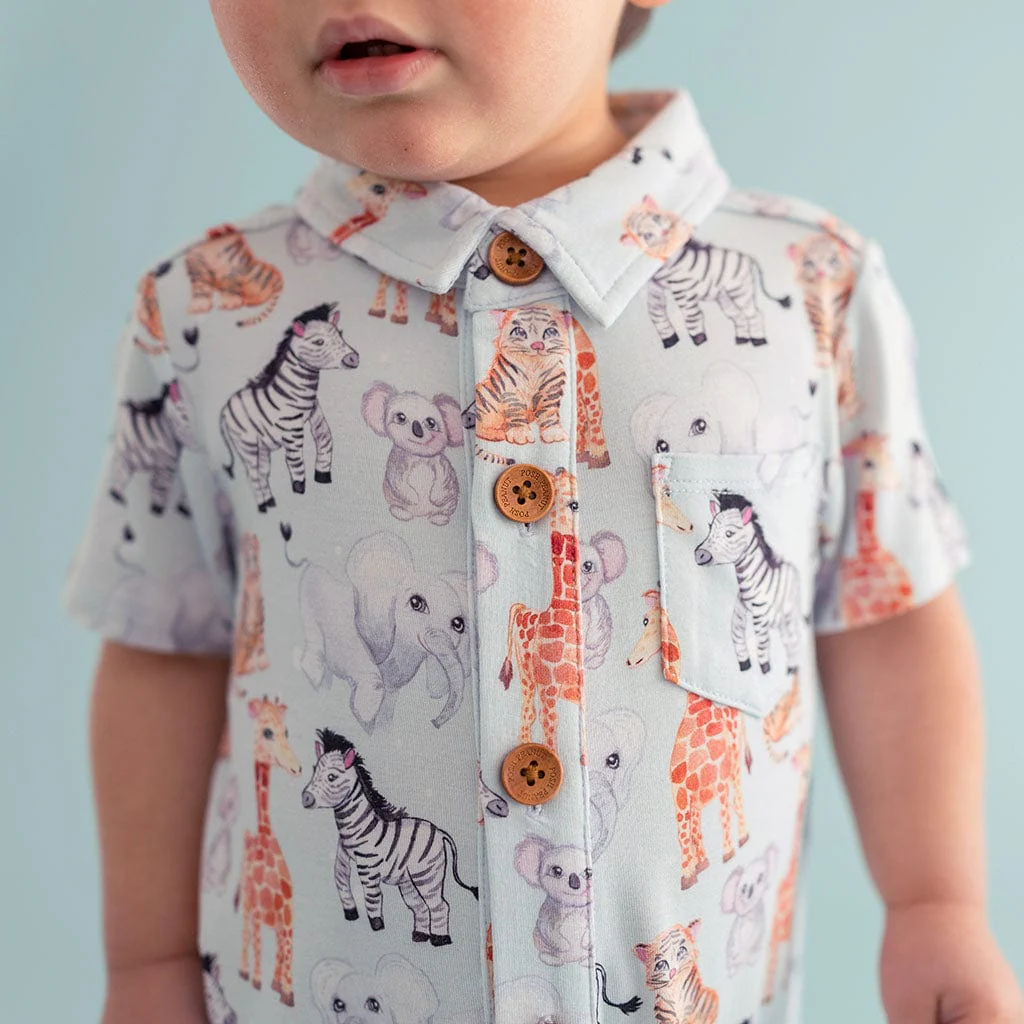 Bamboo Short Sleeve Collared Henley Long Romper - Zoo Babies (Animals) - Image 2