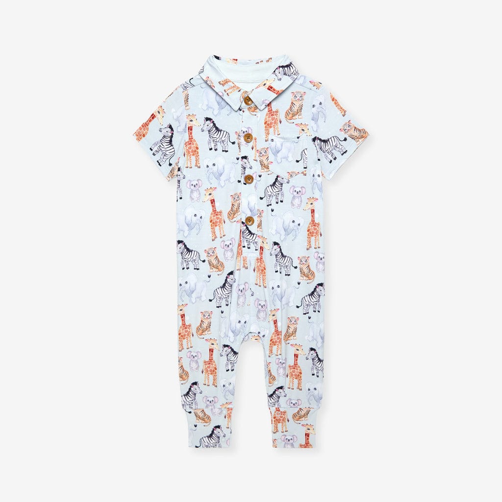 Bamboo Short Sleeve Collared Henley Long Romper - Zoo Babies (Animals) - Image 3
