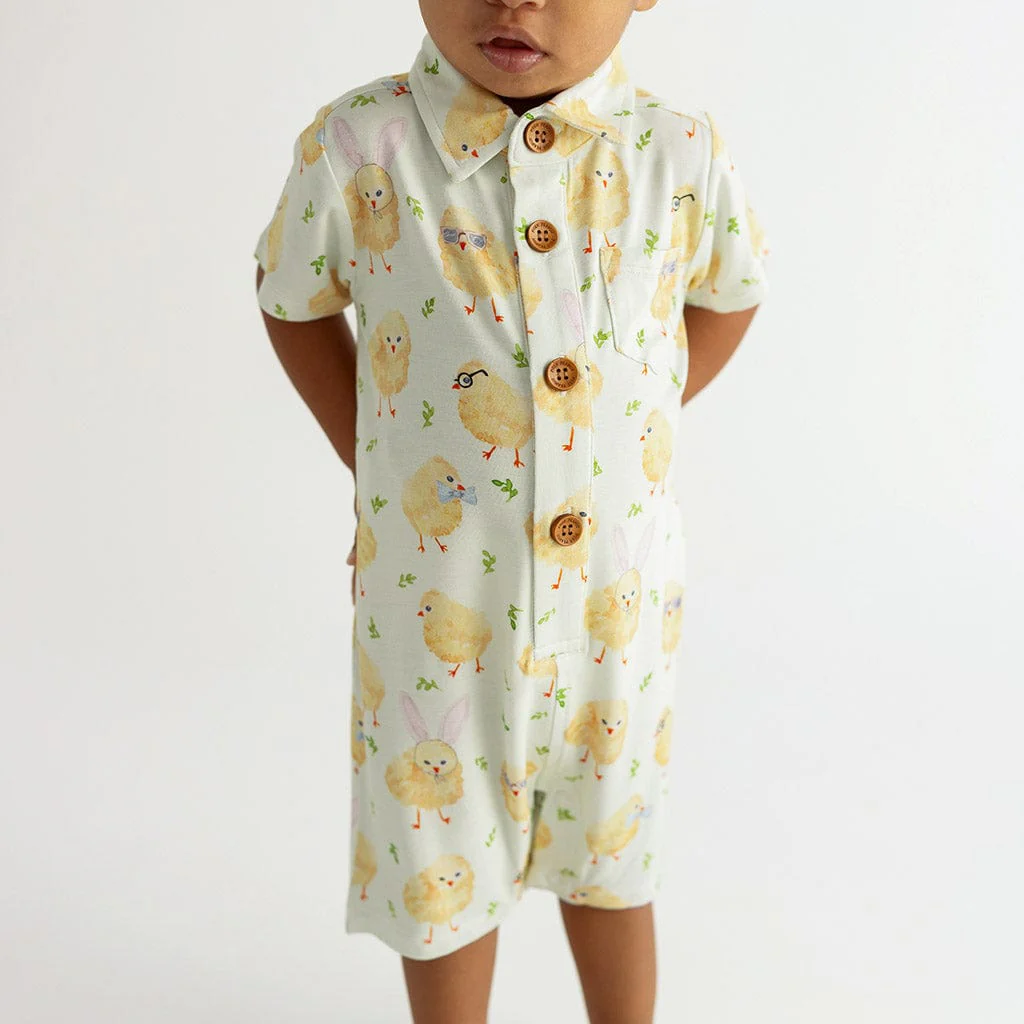 Bamboo Short Sleeve Collared Henley Romper - Charles (Chicks) - Image 2