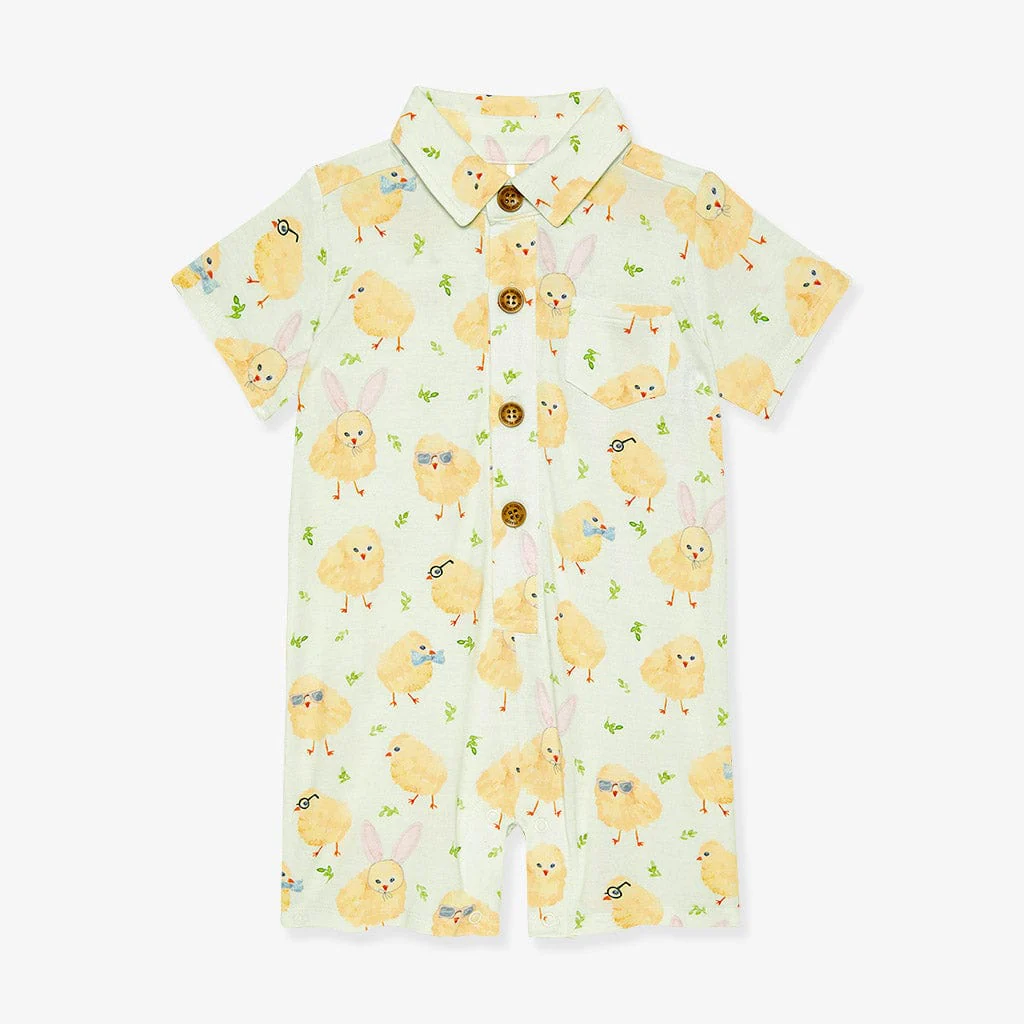 Bamboo Short Sleeve Collared Henley Romper - Charles (Chicks) - Image 3