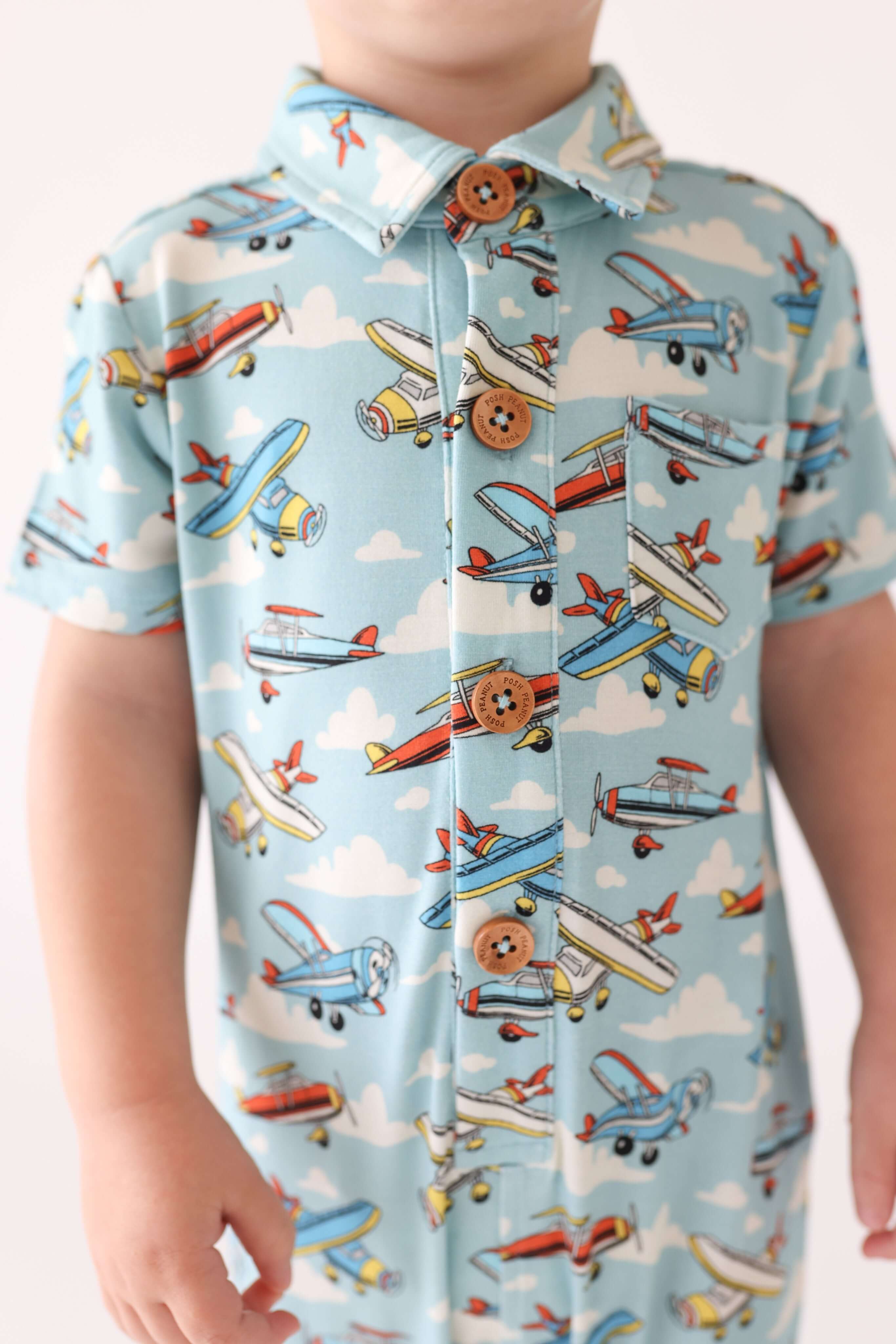 Bamboo Short Sleeve Collared Henley Romper - Posh Planes - Image 2