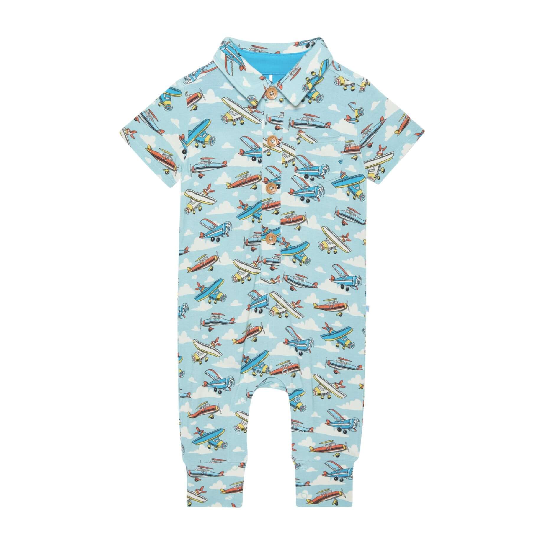 Bamboo Short Sleeve Collared Henley Romper - Posh Planes - Image 3