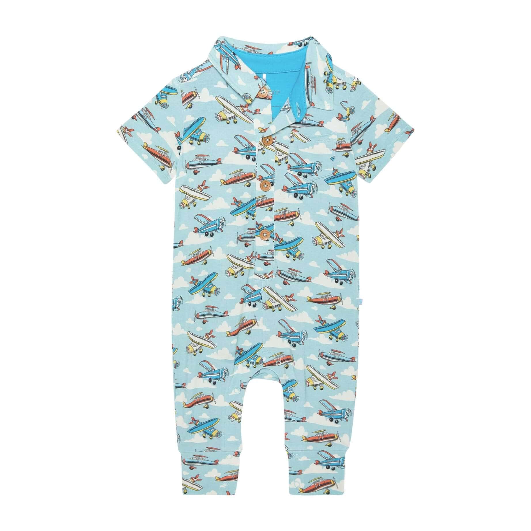 Bamboo Short Sleeve Collared Henley Romper - Posh Planes - Image 4