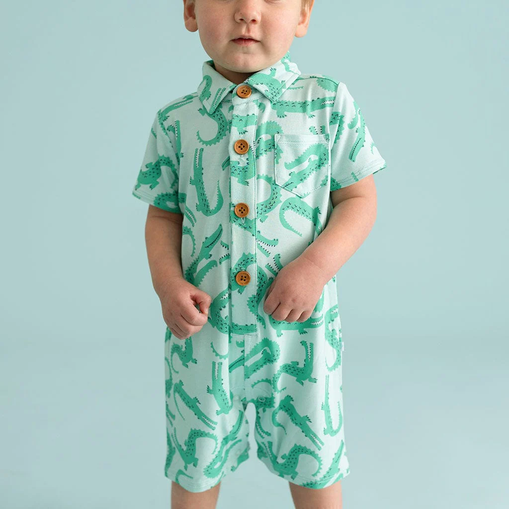 Bamboo Short Sleeve Collared Henley Romper - Smiles (Crocodiles) - Image 2