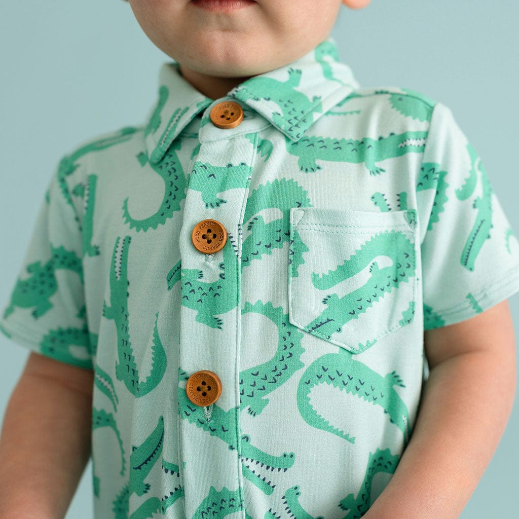 Bamboo Short Sleeve Collared Henley Romper - Smiles (Crocodiles) - Image 3