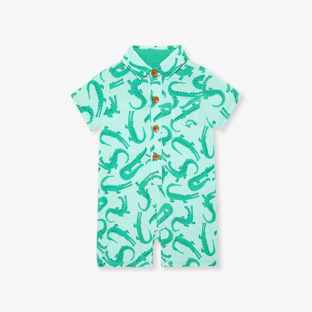 Bamboo Short Sleeve Collared Henley Romper - Smiles (Crocodiles) - Image 4
