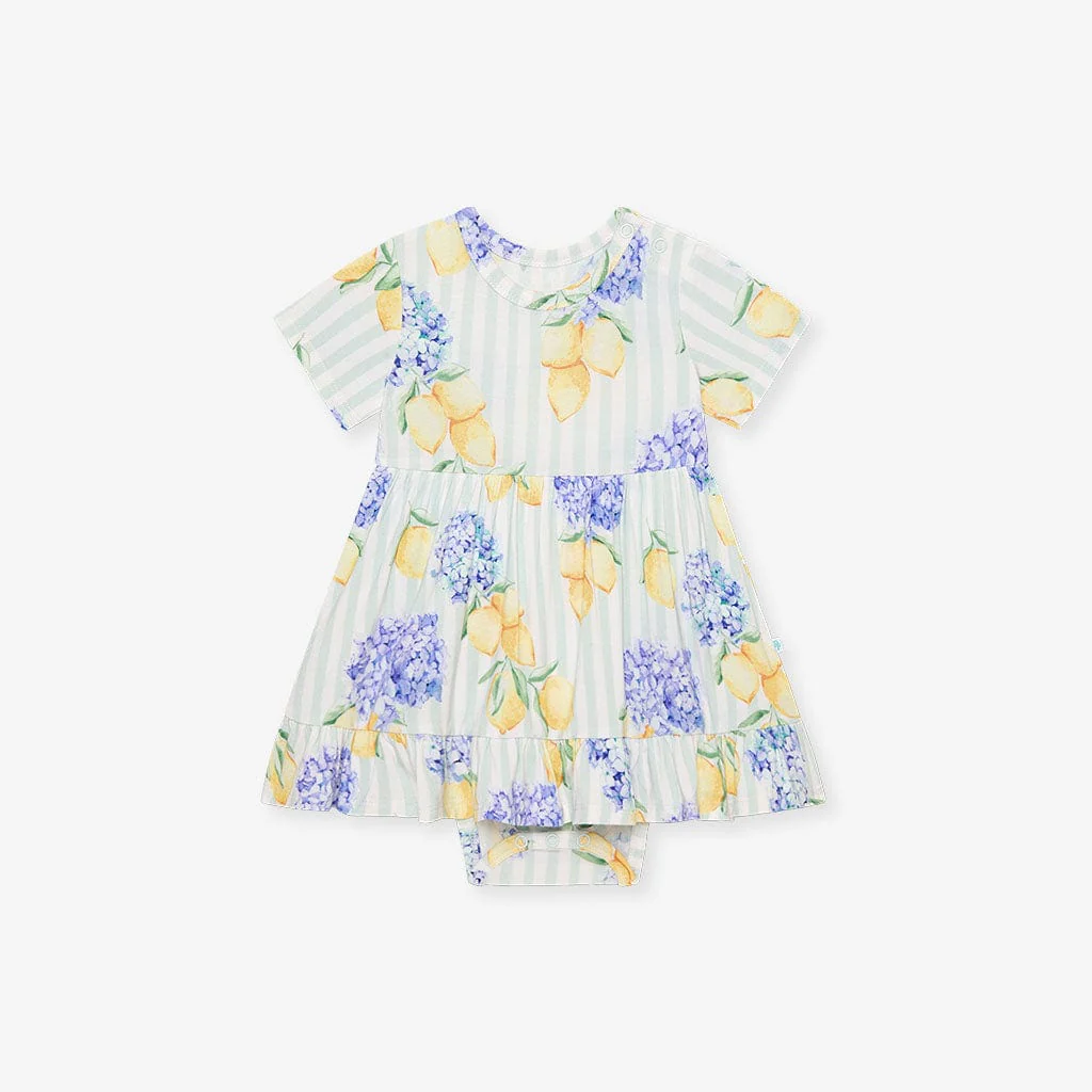 Bamboo Short Sleeve Ruffled Twirl Bodysuit Dress - Nicola (Lemon Floral)