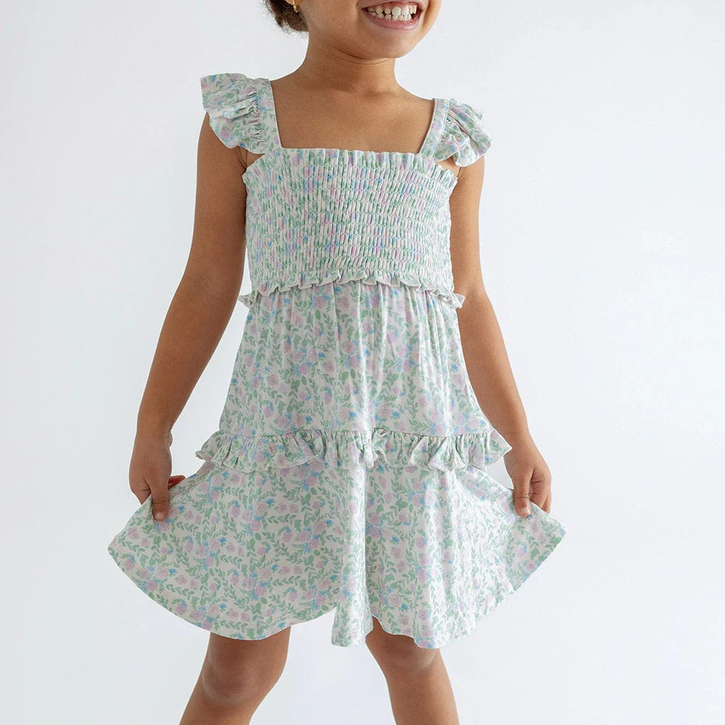 Bamboo Smocked Flutter Sleeve Babydoll Dress - Prairie Floral - Image 2