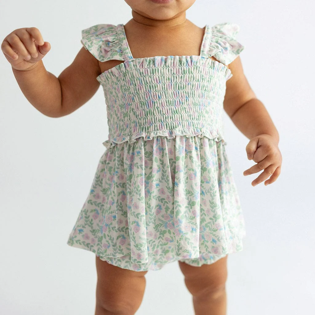 Bamboo Smocked Flutter Sleeve Babydoll Top & Bloomer Outfit Set - Prairie Floral - Image 2