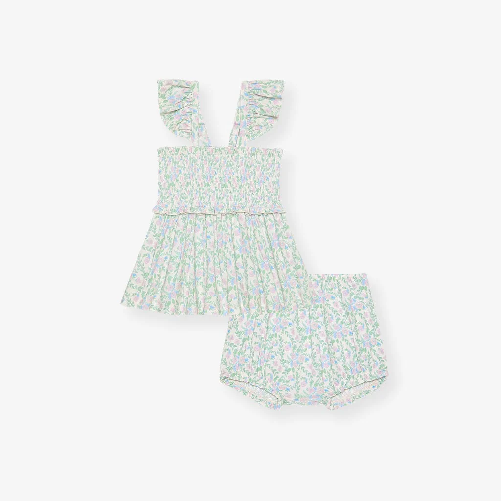 Bamboo Smocked Flutter Sleeve Babydoll Top & Bloomer Outfit Set - Prairie Floral - Image 3