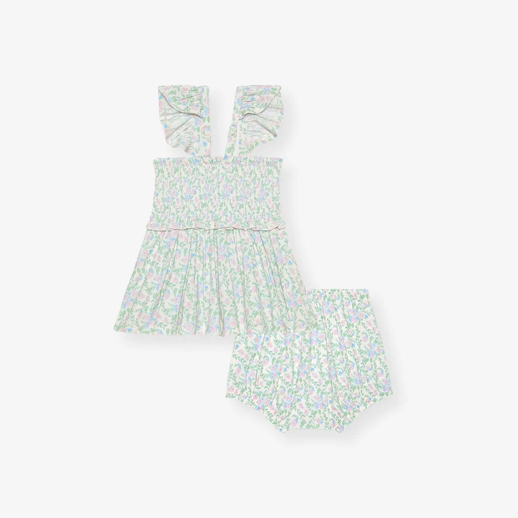Bamboo Smocked Flutter Sleeve Babydoll Top & Bloomer Outfit Set - Prairie Floral - Image 4