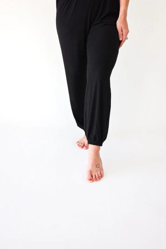 Bamboo Smocked Spaghetti Jumpsuit - Black Ribbed - Image 2