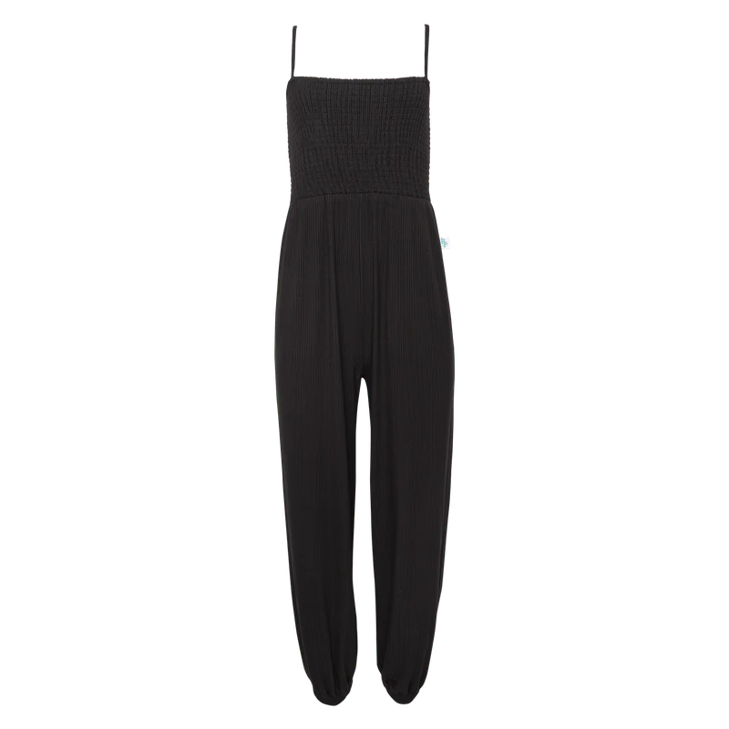 Bamboo Smocked Spaghetti Jumpsuit - Black Ribbed - Image 3