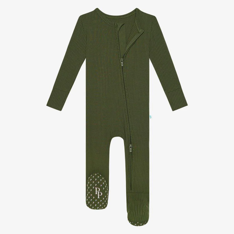 Solid Bamboo Footie with Zipper - Pine Ribbed - Image 4