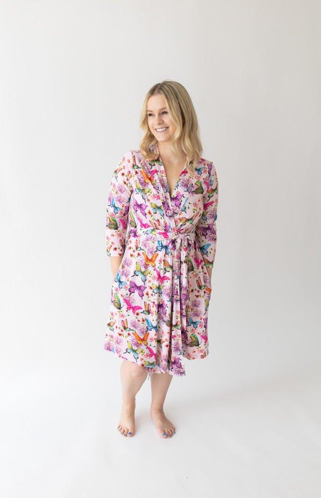 Women's Bamboo Maternity Robe with Pockets - Watercolor Butterfly - Image 2