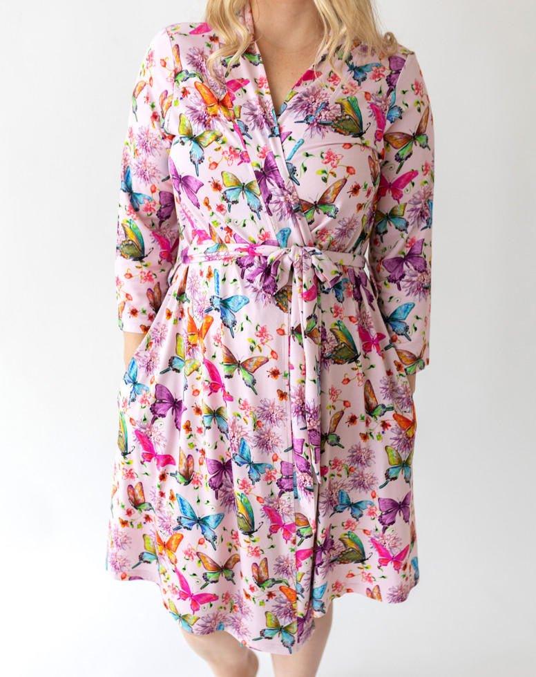 Women's Bamboo Maternity Robe with Pockets - Watercolor Butterfly - Image 3