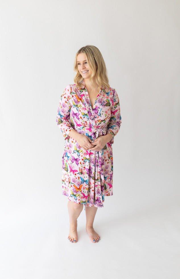 Women's Bamboo Maternity Robe with Pockets - Watercolor Butterfly - Image 4