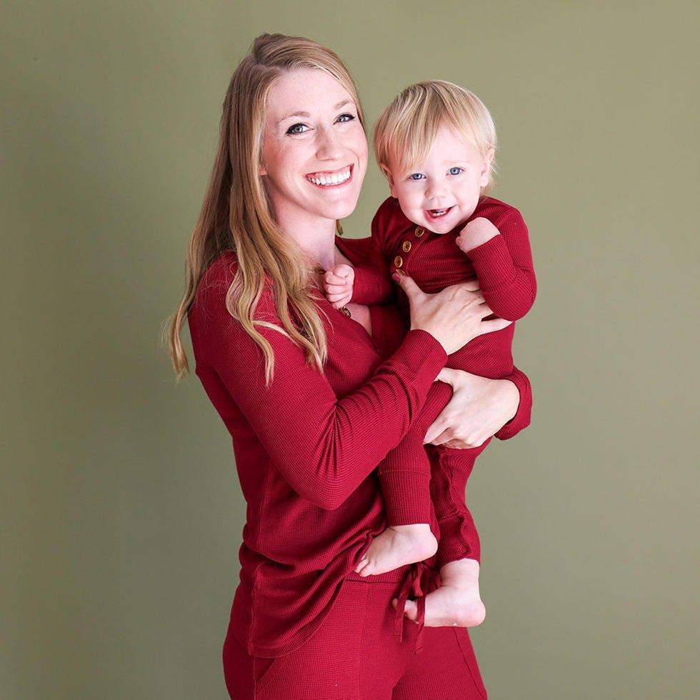 Women's Solid Bamboo Long Sleeve Pajama Set, Bordeaux Waffle - Image 2